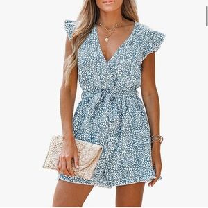 Cupshe Blue and White Ruffled Wrap Romper